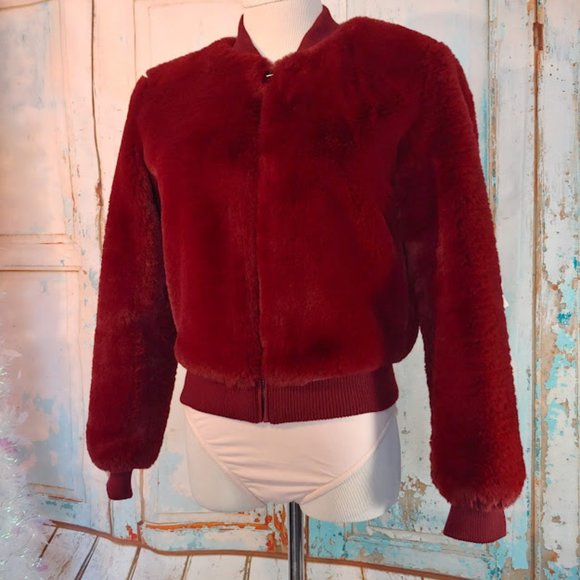 Forever21 soft plush teddy crew neck zip up jacket/size S /beautiful burgundy - Picture 6 of 10